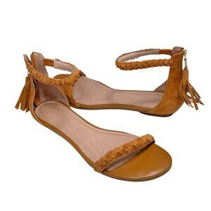 Joie Amina‎ Suede Tassel Braided Sandals sz 7.5 Caramel Brown Zip Back Flat